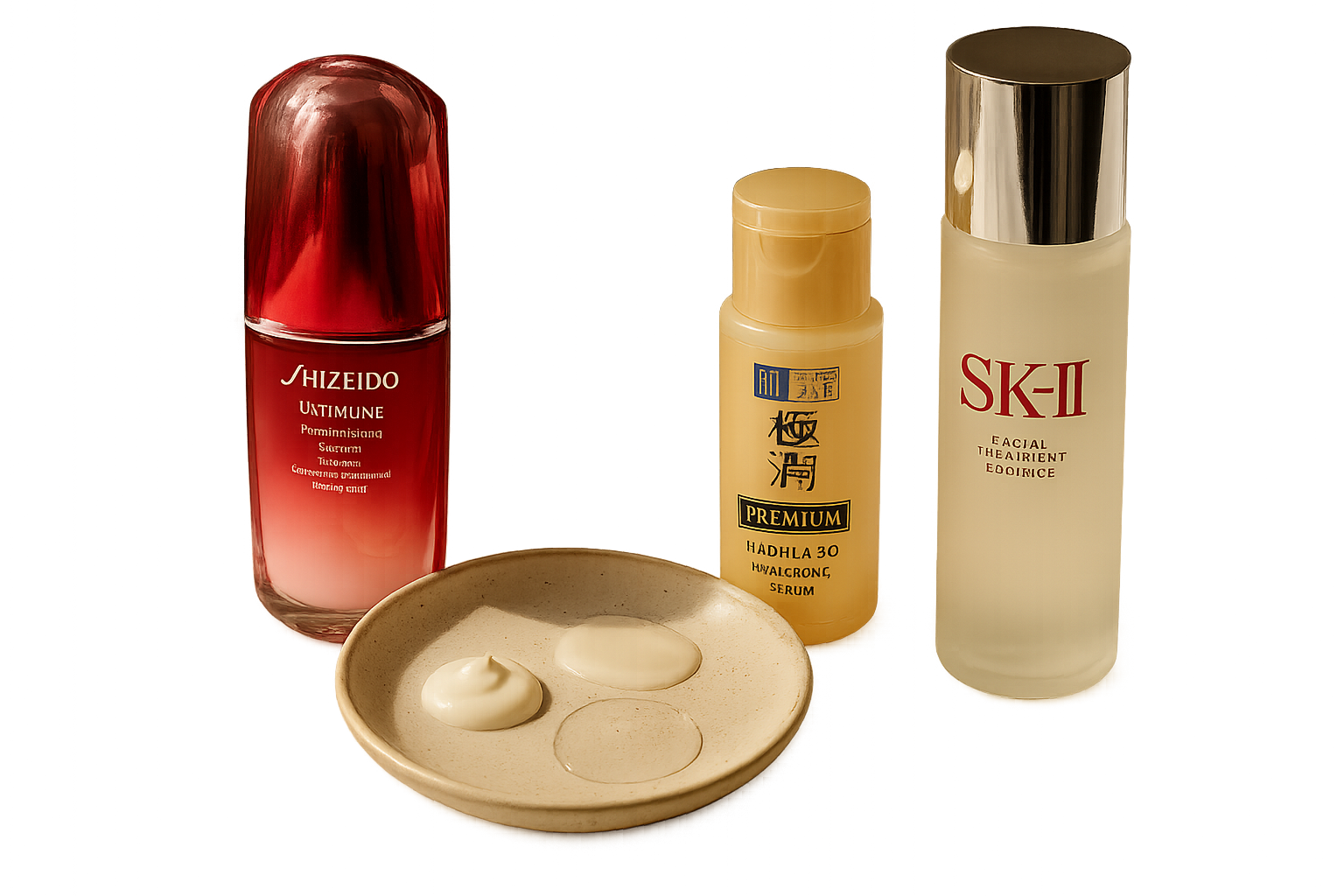 Elegant still life of three premium anti-aging serums with natural sunlight and soft shadows