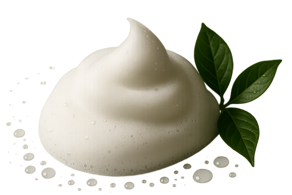 Flowing rich foam of Japanese cleanser with gentle water droplets and natural botanical elements on white background