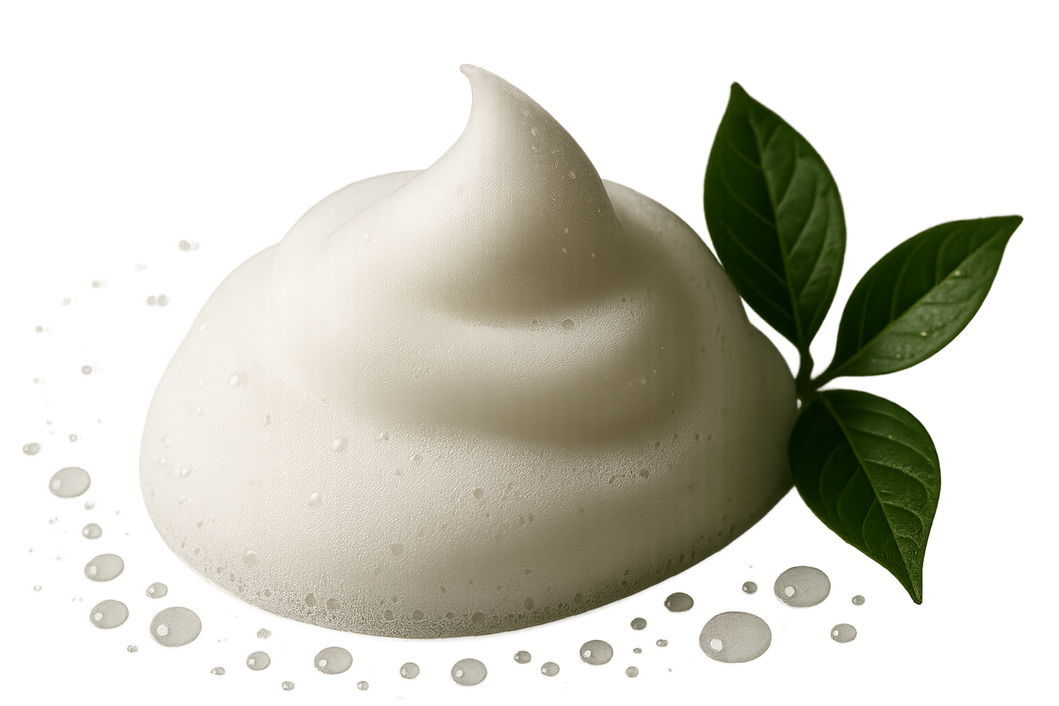 Flowing rich foam of Japanese cleanser with gentle water droplets and natural botanical elements on white background