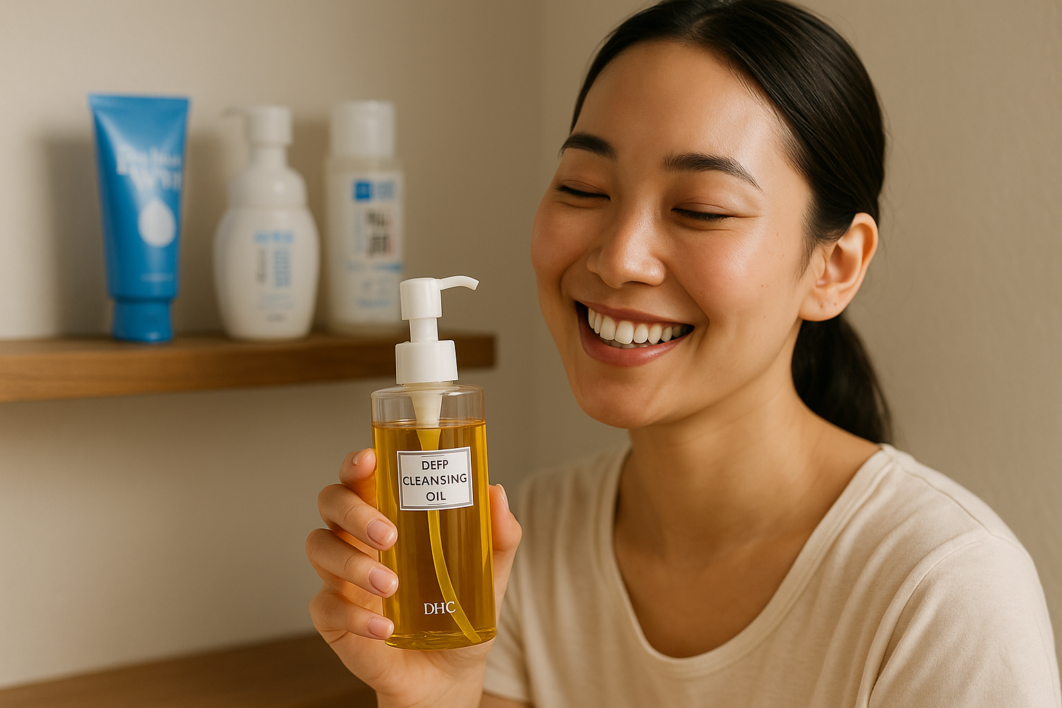 Hand holding bottle of oil cleanser with soft natural light over bathroom shelf featuring Japanese skincare products