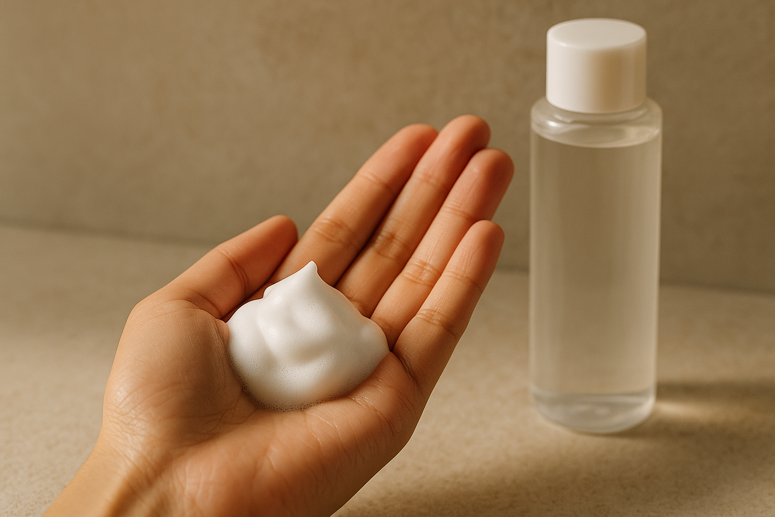Close view of creamy Japanese foaming cleanser lather on fingertips next to hydrating skincare bottle