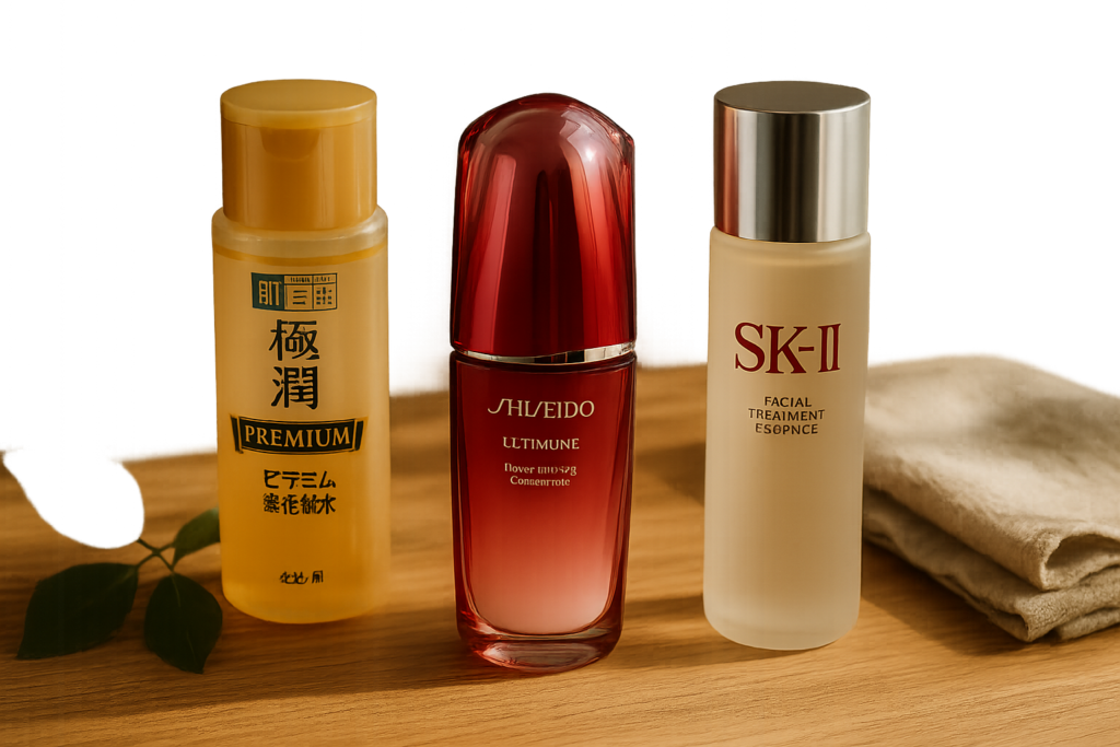 Elegant flat lay of Japanese skincare products focused on lotion consistency with soft natural lighting