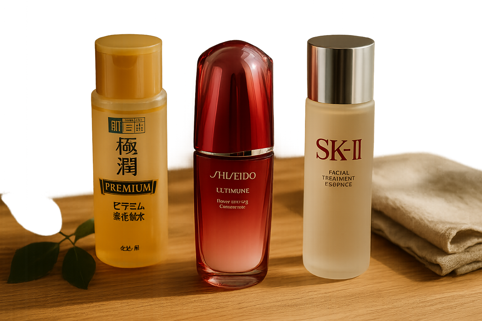 Elegant flat lay of Japanese skincare products focused on lotion consistency with soft natural lighting
