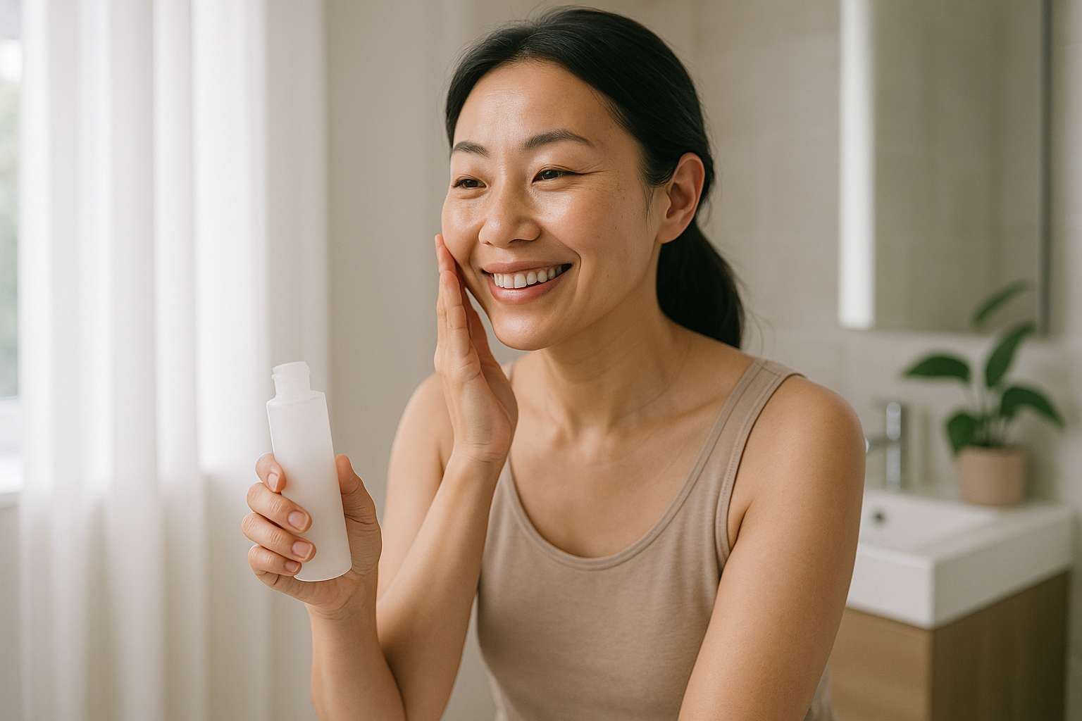 Woman applying lightweight lotion in bright modern bathroom emphasizing routine simplicity
