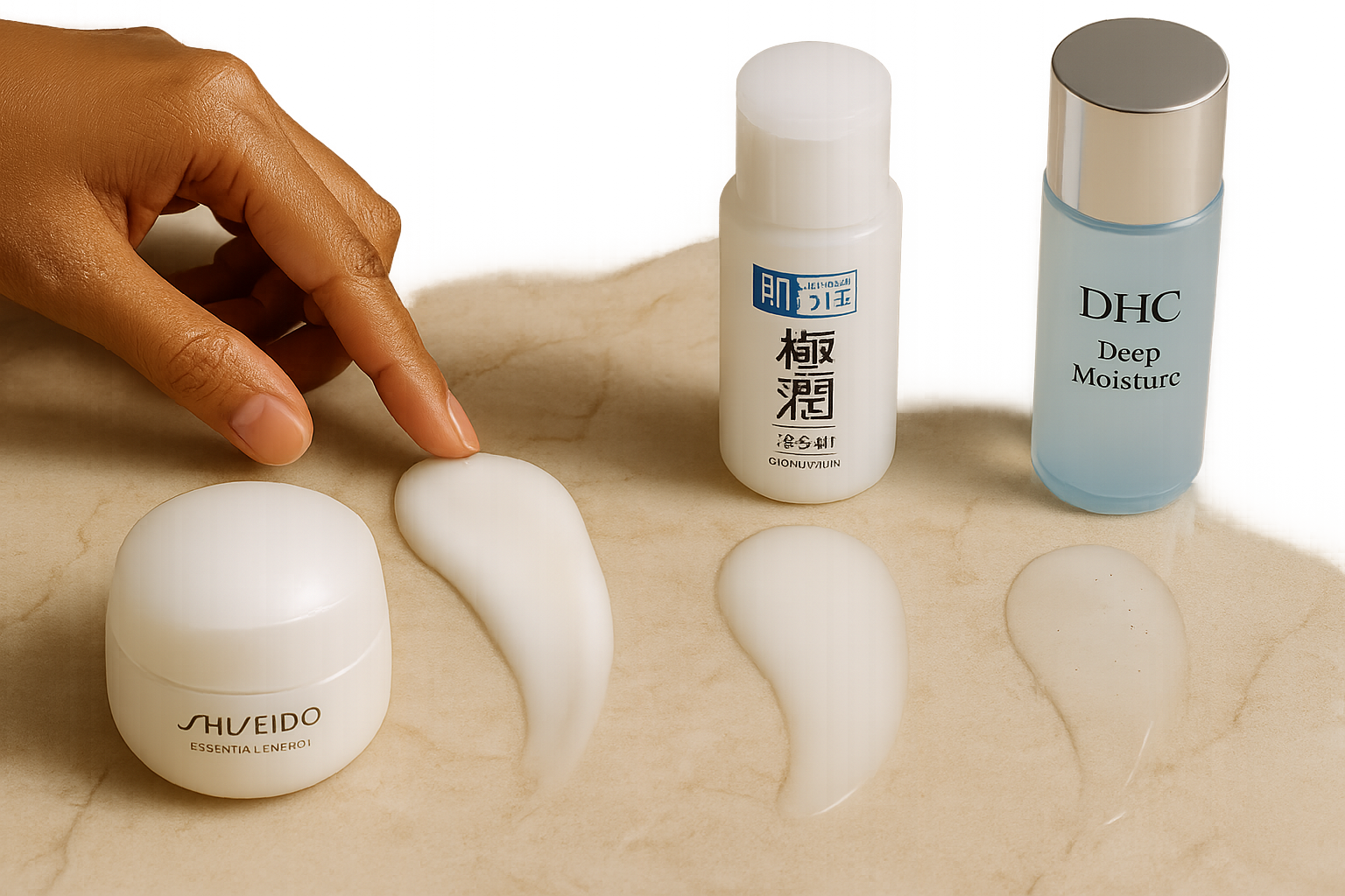 Close-up of textures from three Japanese moisturizing lotions on a marble surface
