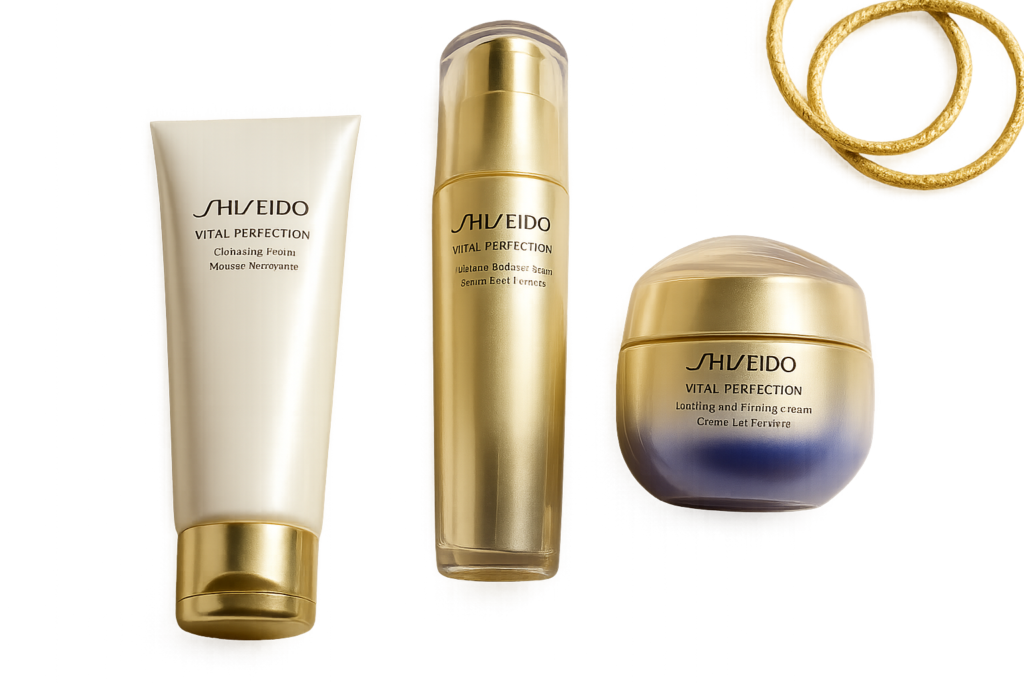 Close-up of elegant Shiseido Vital Perfection skincare products arranged on a reflective surface with soft natural light, highlighting textures and subtle gold accents