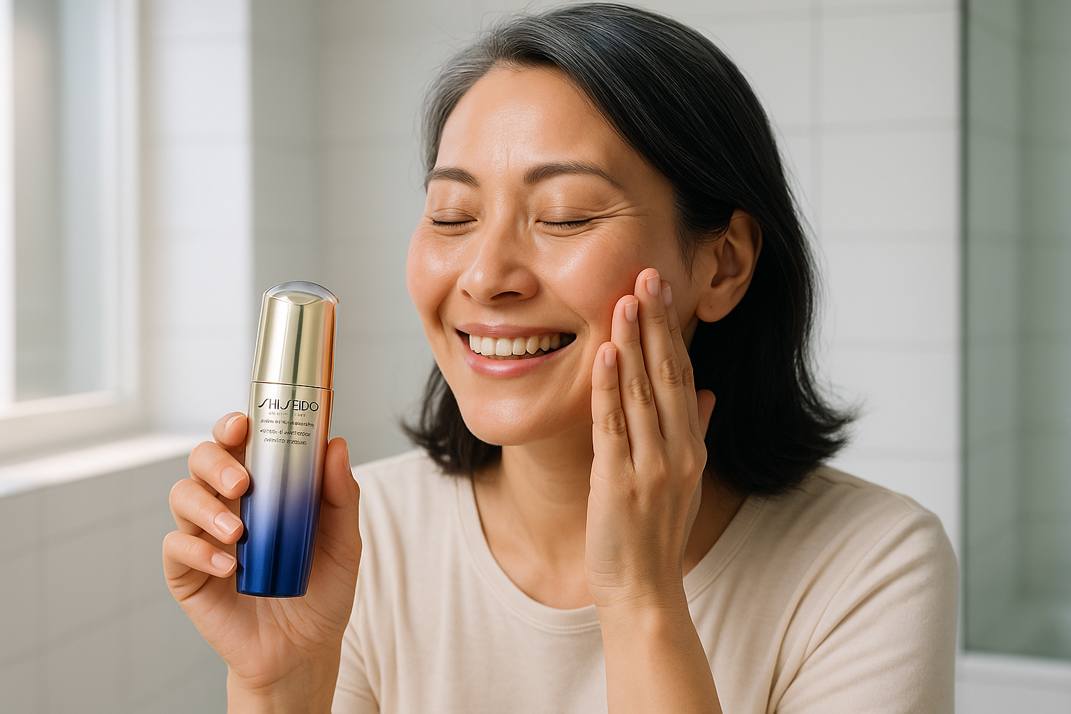 Middle-aged woman gently applying serum to her face in a bright, minimalistic bathroom setting with a calm expression