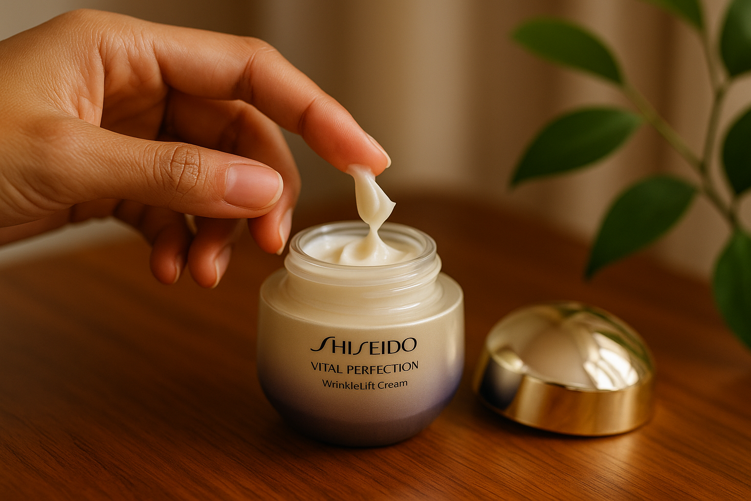 Close-up of hand scooping creamy texture from a jar of moisturizing cream on a wooden vanity surrounded by botanical accents