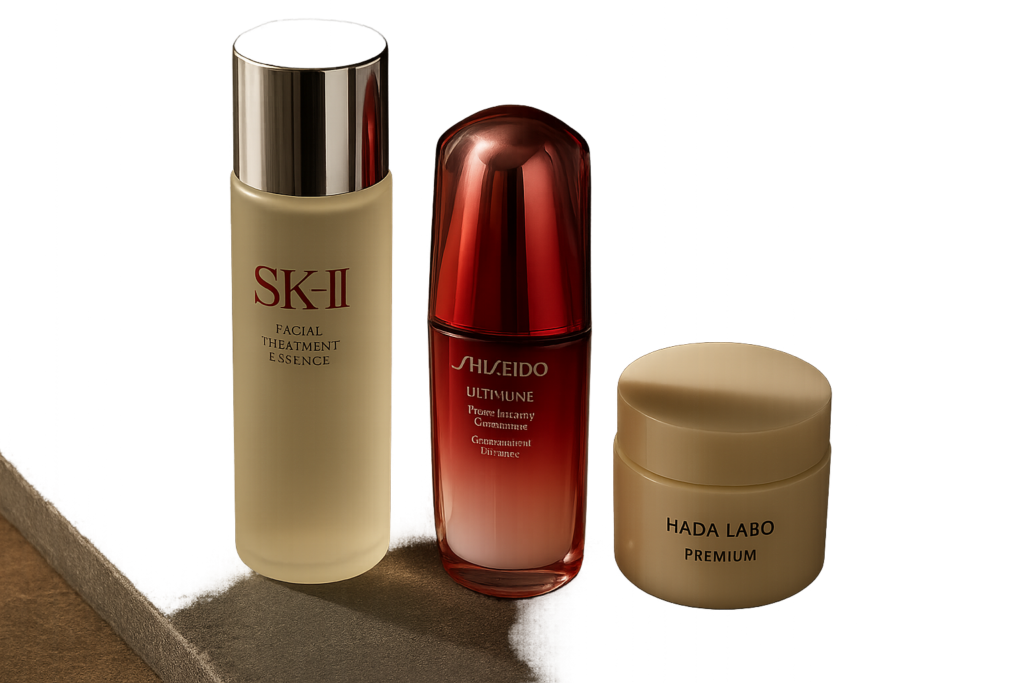 Still life of three elegant Japanese skincare products arranged on a smooth stone surface with natural light highlighting their textures