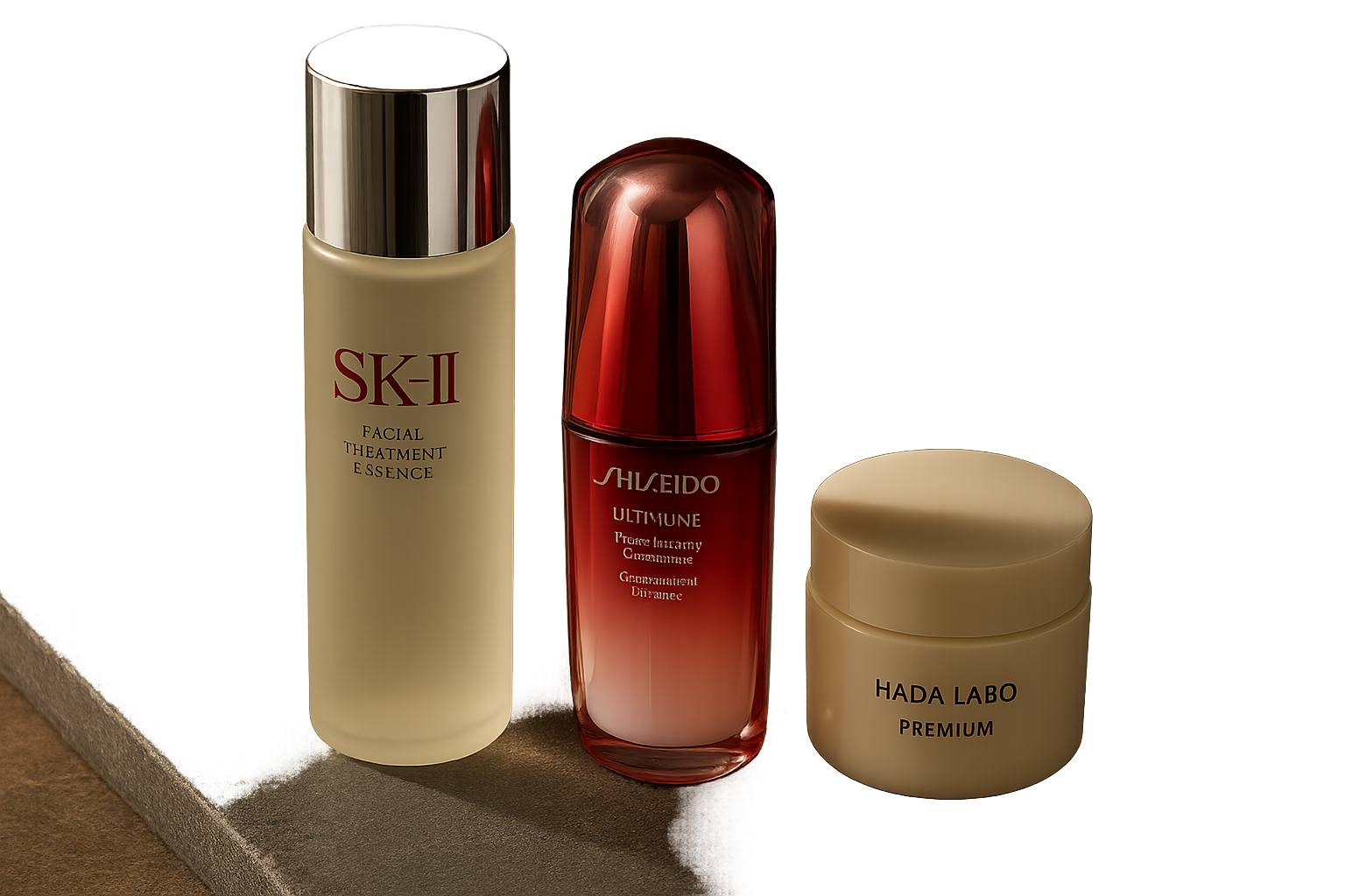 Still life of three elegant Japanese skincare products arranged on a smooth stone surface with natural light highlighting their textures