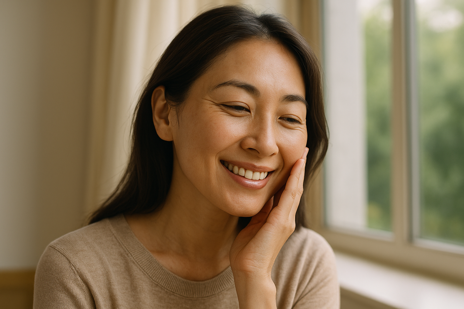 Close-up of a smiling mature woman gently touching her cheek, showing natural skin texture and a subtle glow