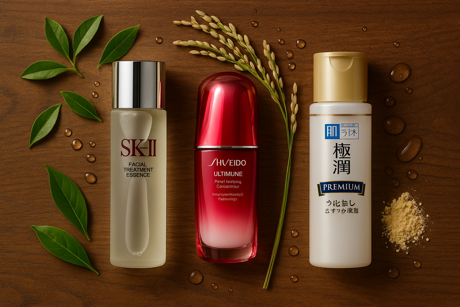 Flat lay of Japanese skincare products arranged with fresh botanical ingredients like green tea leaves and rice bran