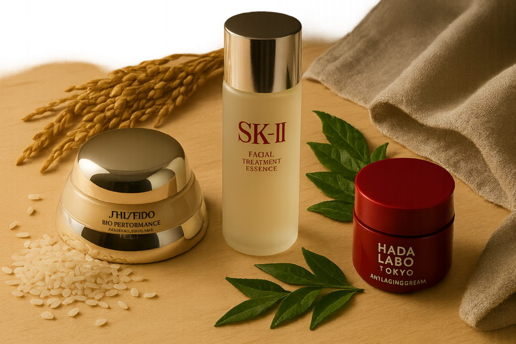 Luxurious still life of Japanese skincare products arranged alongside natural ingredients like rice bran and green tea leaves, evoking mature skin hydration and anti-aging care