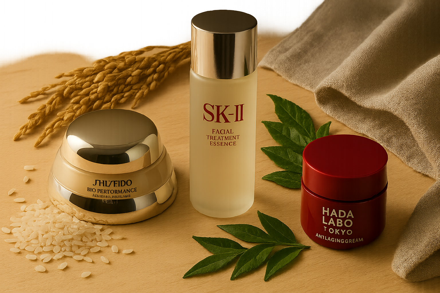 Luxurious still life of Japanese skincare products arranged alongside natural ingredients like rice bran and green tea leaves, evoking mature skin hydration and anti-aging care
