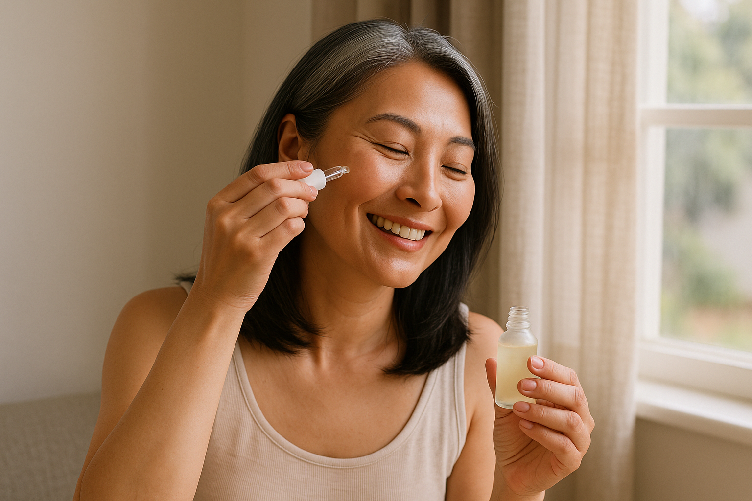 Close-up of a mature woman applying lightweight Japanese serum in soft morning light