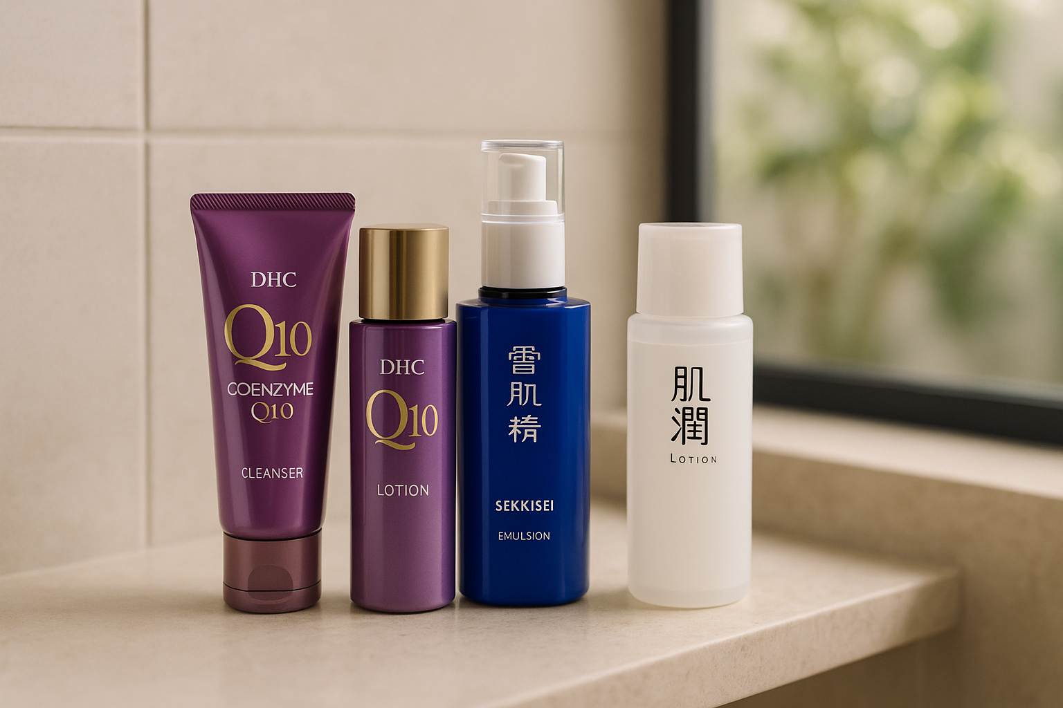 Elegant bathroom shelf showing three Japanese skincare products ready for morning routine