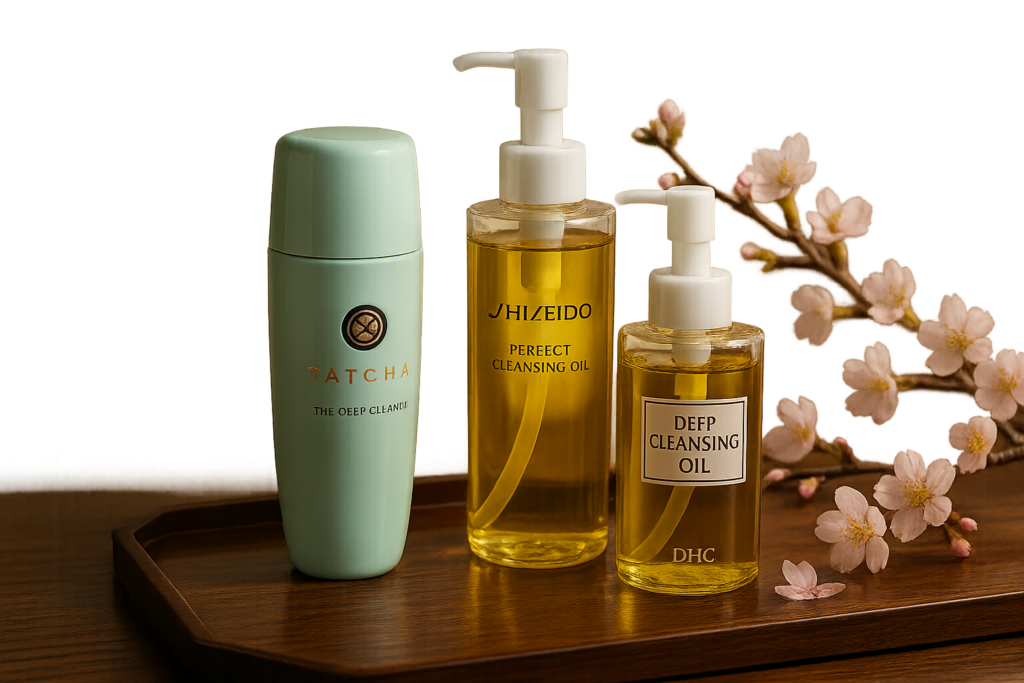 Elegant layout of Japanese luxury skincare cleansers with floral elements and soft lighting