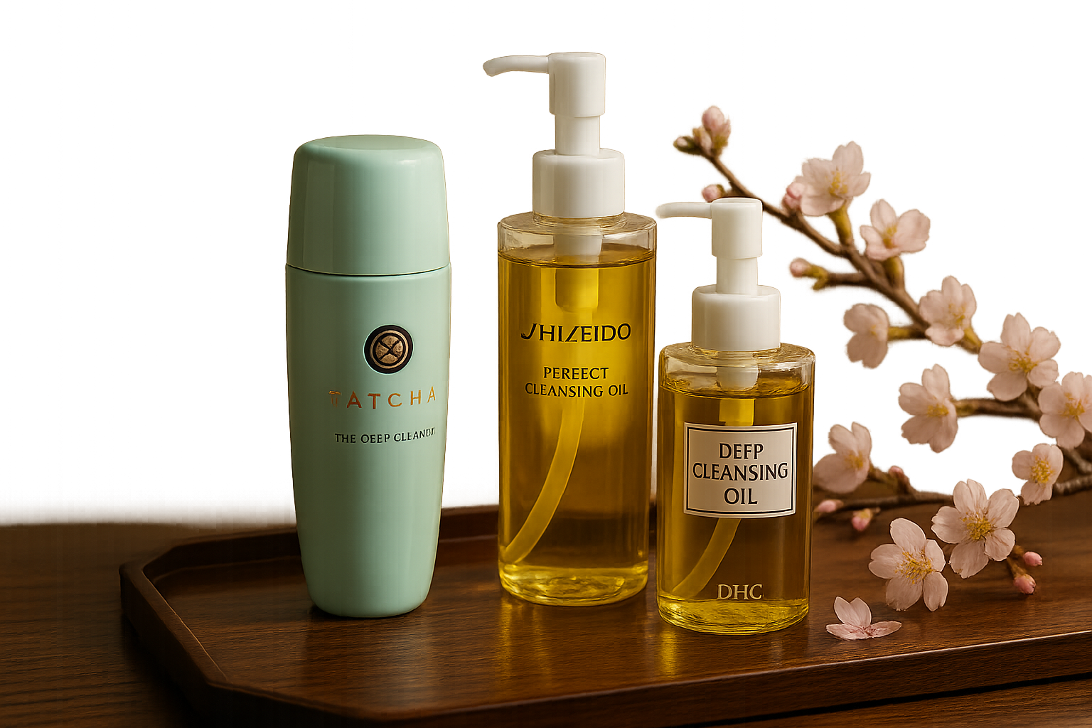Elegant layout of Japanese luxury skincare cleansers with floral elements and soft lighting