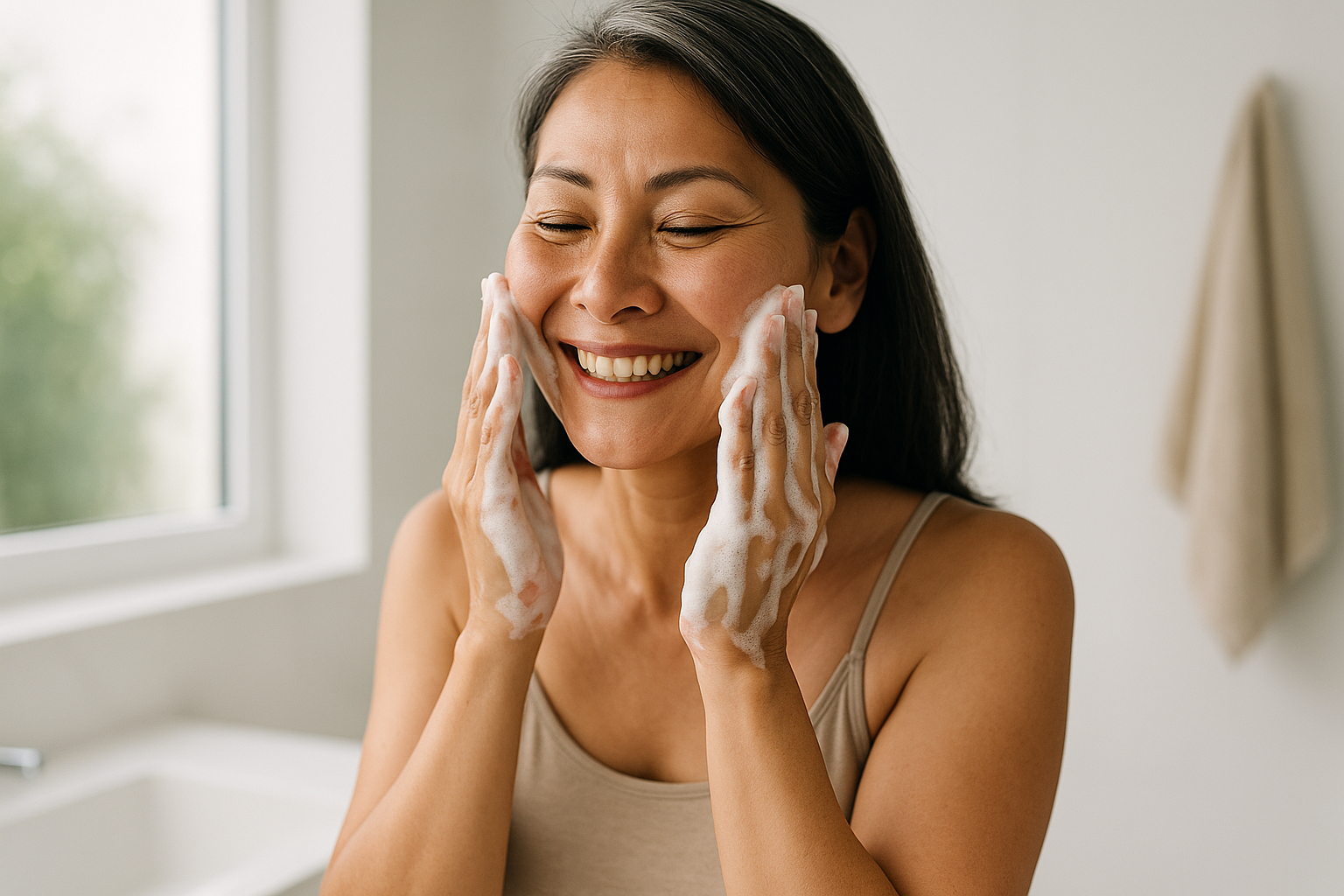 Close-up of mature woman gently cleansing her face with a soft foam cleanser in a serene bathroom