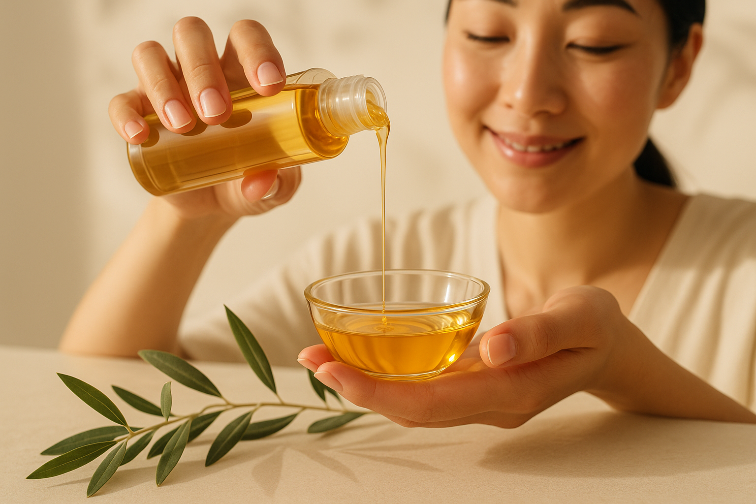 Hands holding a clear glass bowl with golden cleansing oil and olive branches nearby