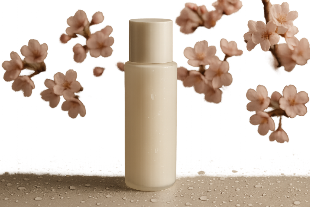 Close-up of elegant Japanese moisturizer bottle with soft texture droplets reflecting hydration and delicate skin care for mature sensitive skin