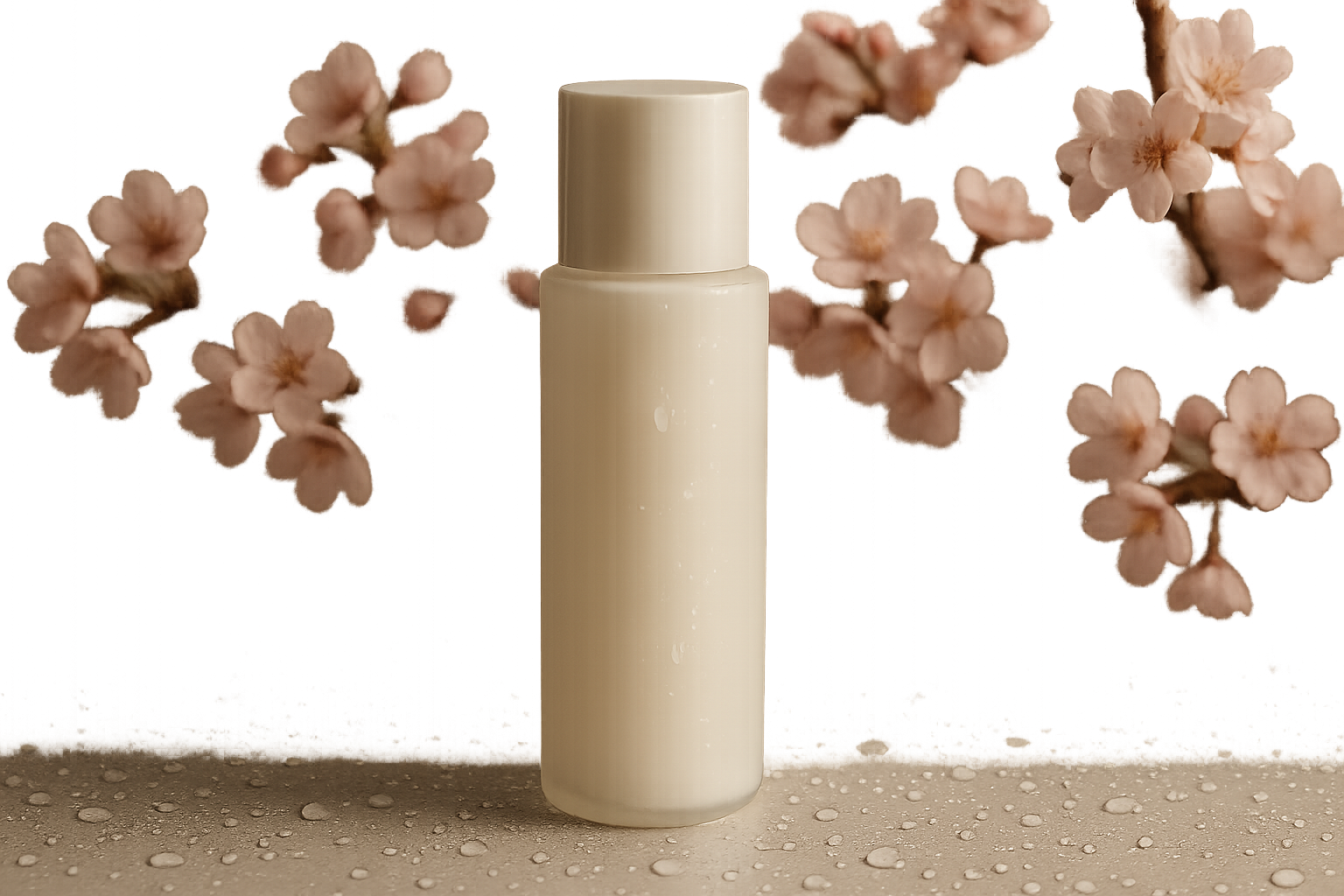 Close-up of elegant Japanese moisturizer bottle with soft texture droplets reflecting hydration and delicate skin care for mature sensitive skin