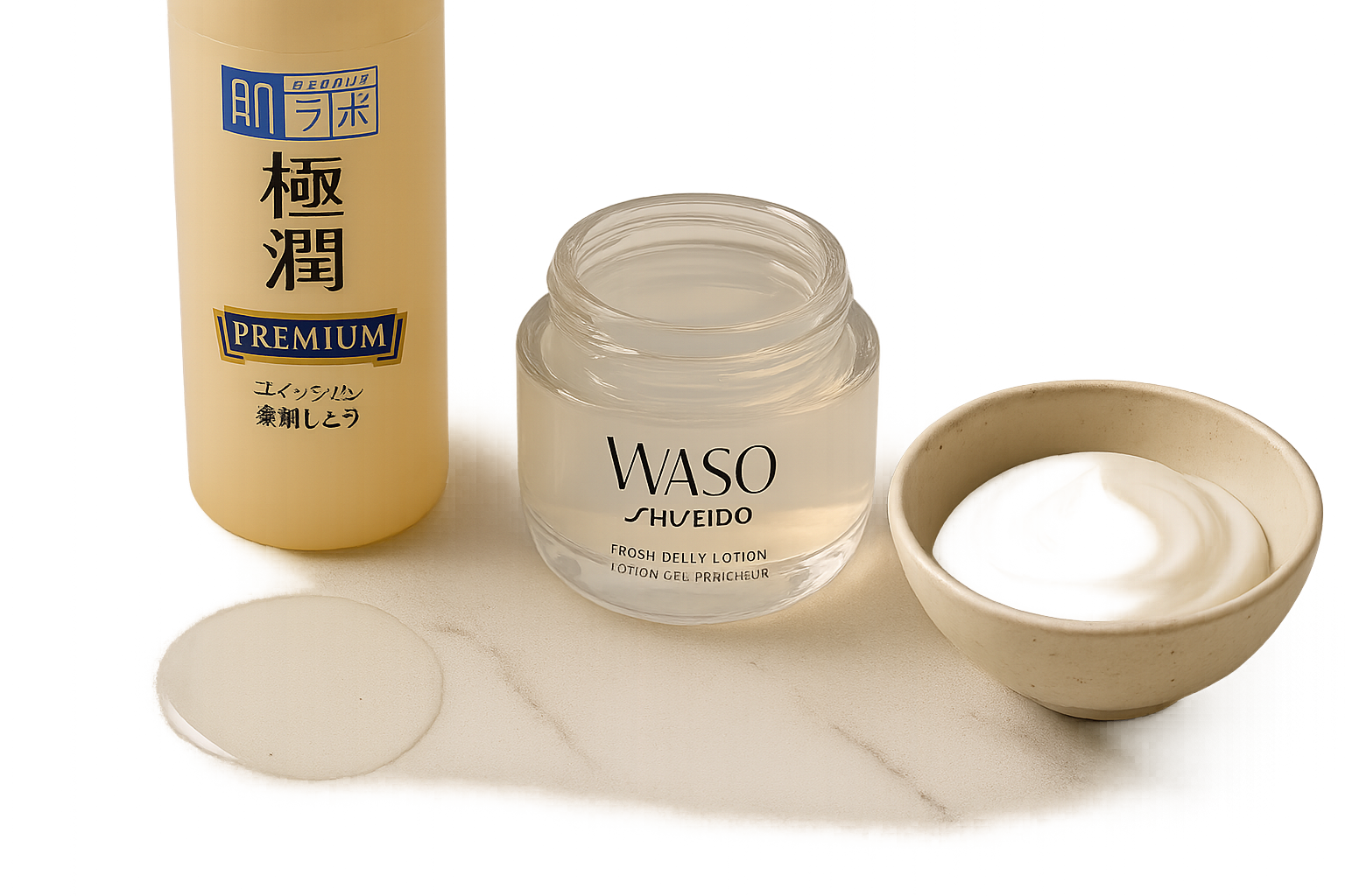 Elegant arrangement of three Japanese moisturizer bottles and open jars displaying different textures: lotion, gel, and creamy emulsion