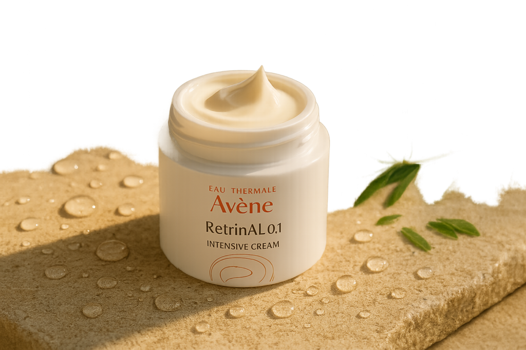 Elegant close-up of a jar of Avène RetrinAL 0.1 Intensive Cream with soft warm light and delicate skincare textures