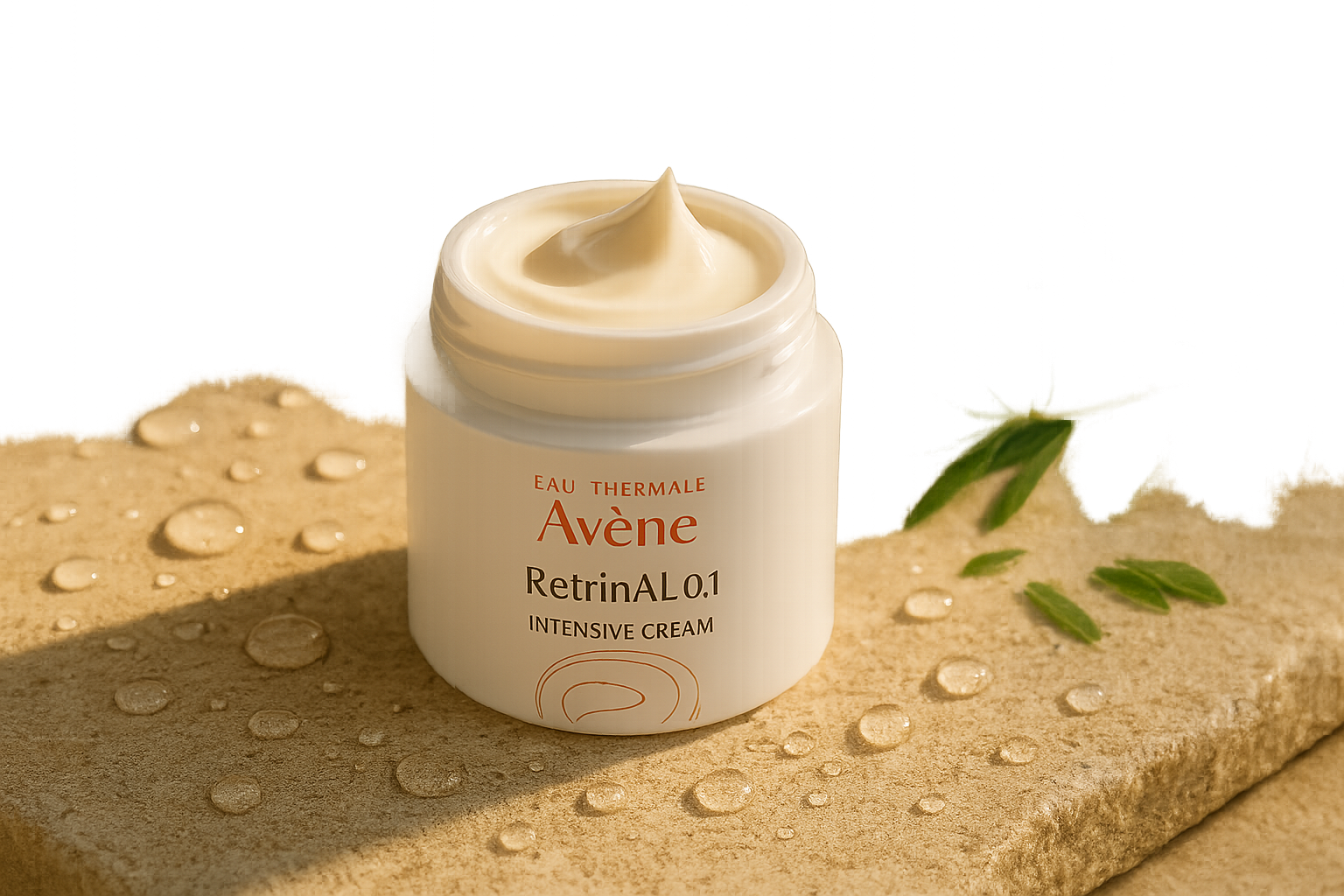 Elegant close-up of a jar of Avène RetrinAL 0.1 Intensive Cream with soft warm light and delicate skincare textures