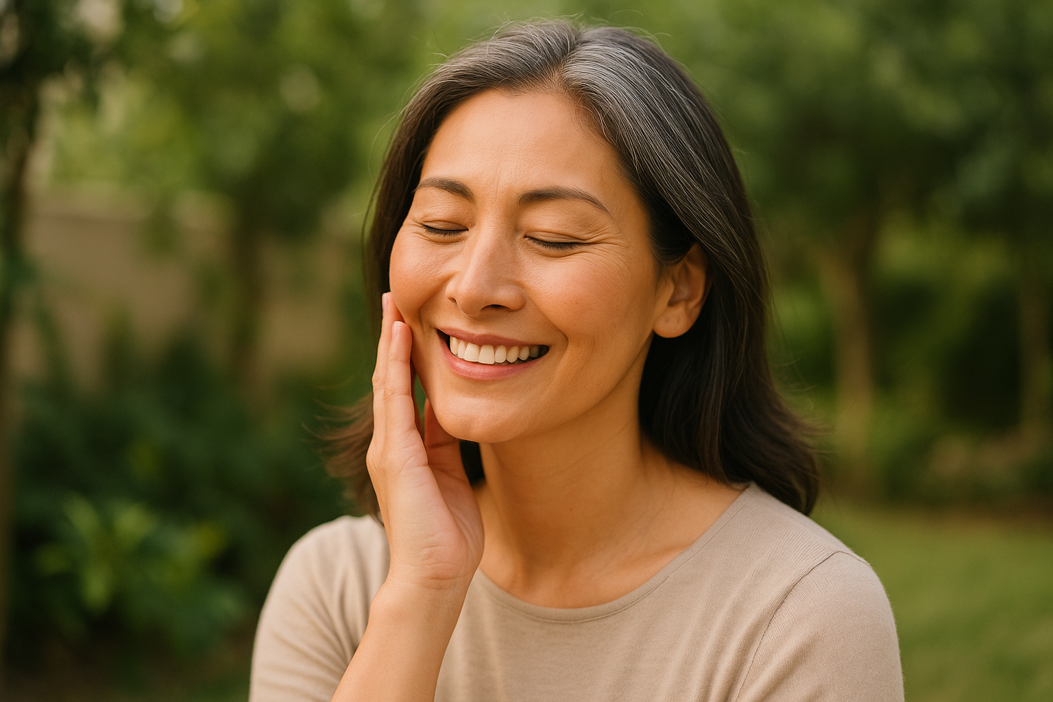 Soft-focus side profile of a woman in her 40s gently touching her glowing skin outdoors