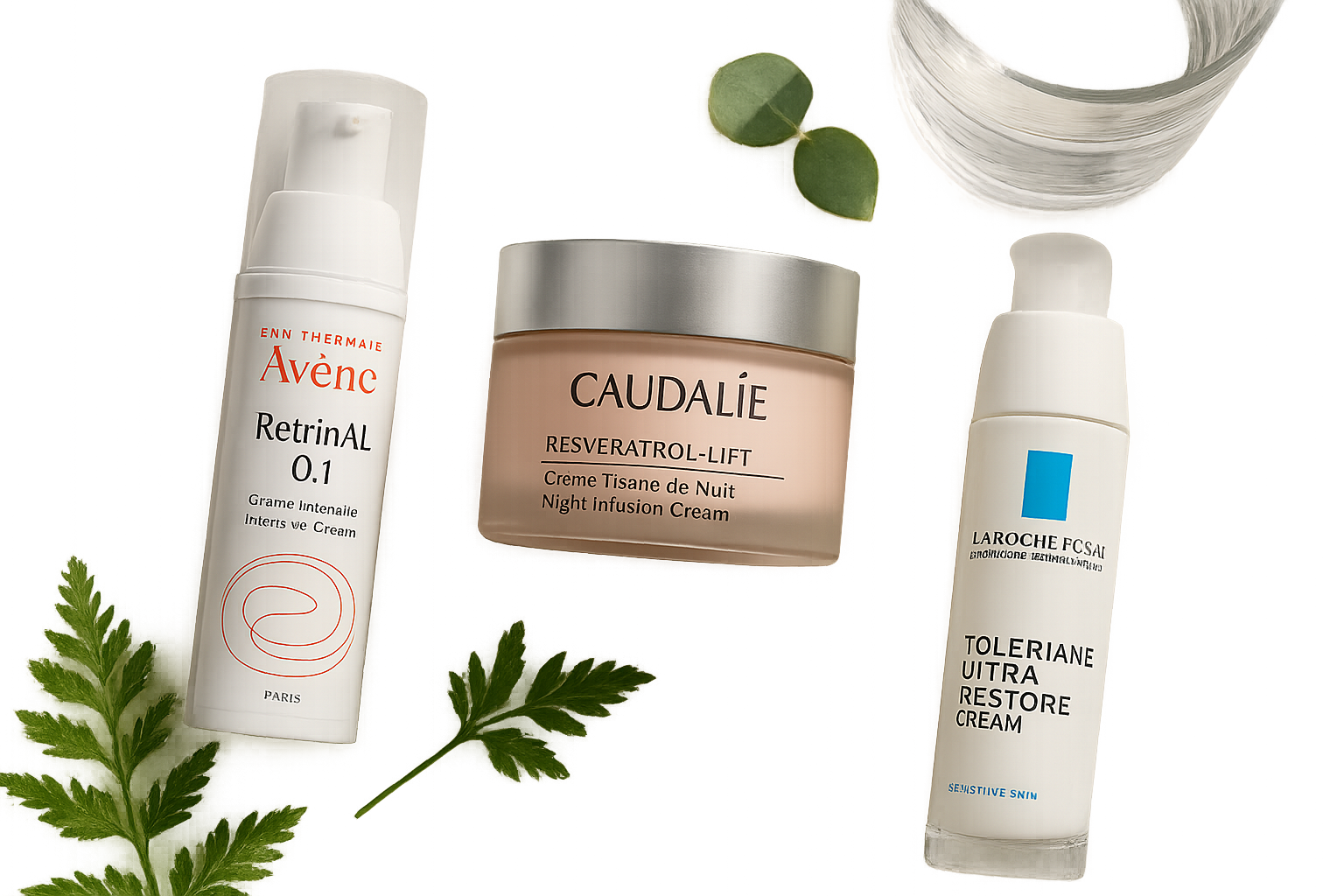 Flat lay of three premium anti-aging creams for sensitive skin on a marble surface with a serene blue background