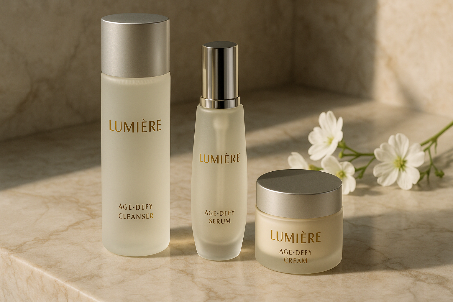 Luxurious still life of premium skincare products from the Lumière Age-Defy Collection artfully arranged with soft natural light and subtle floral accents