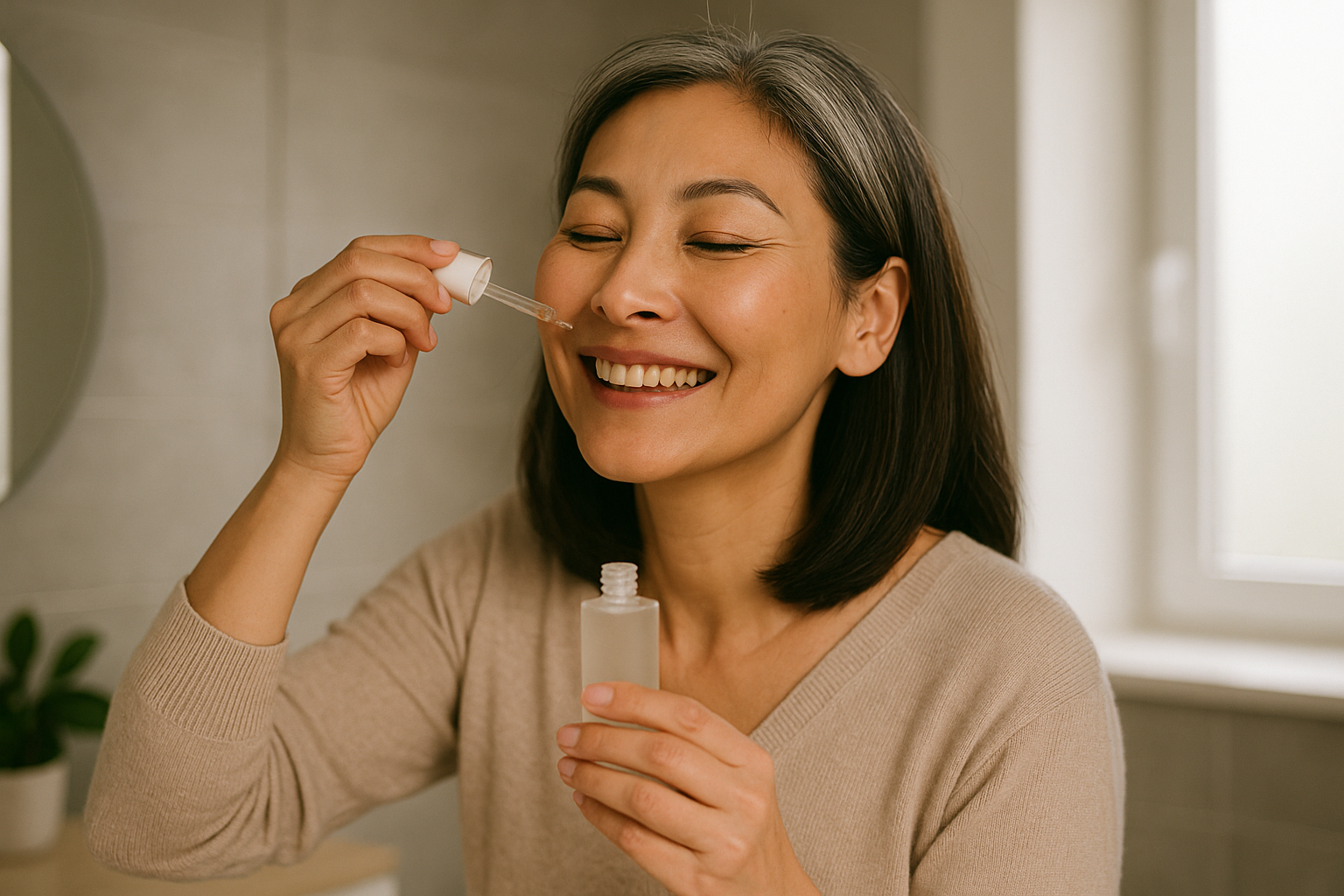 Close-up of a woman in her 40s with radiant skin applying serum with gentle upward strokes in a bright bathroom