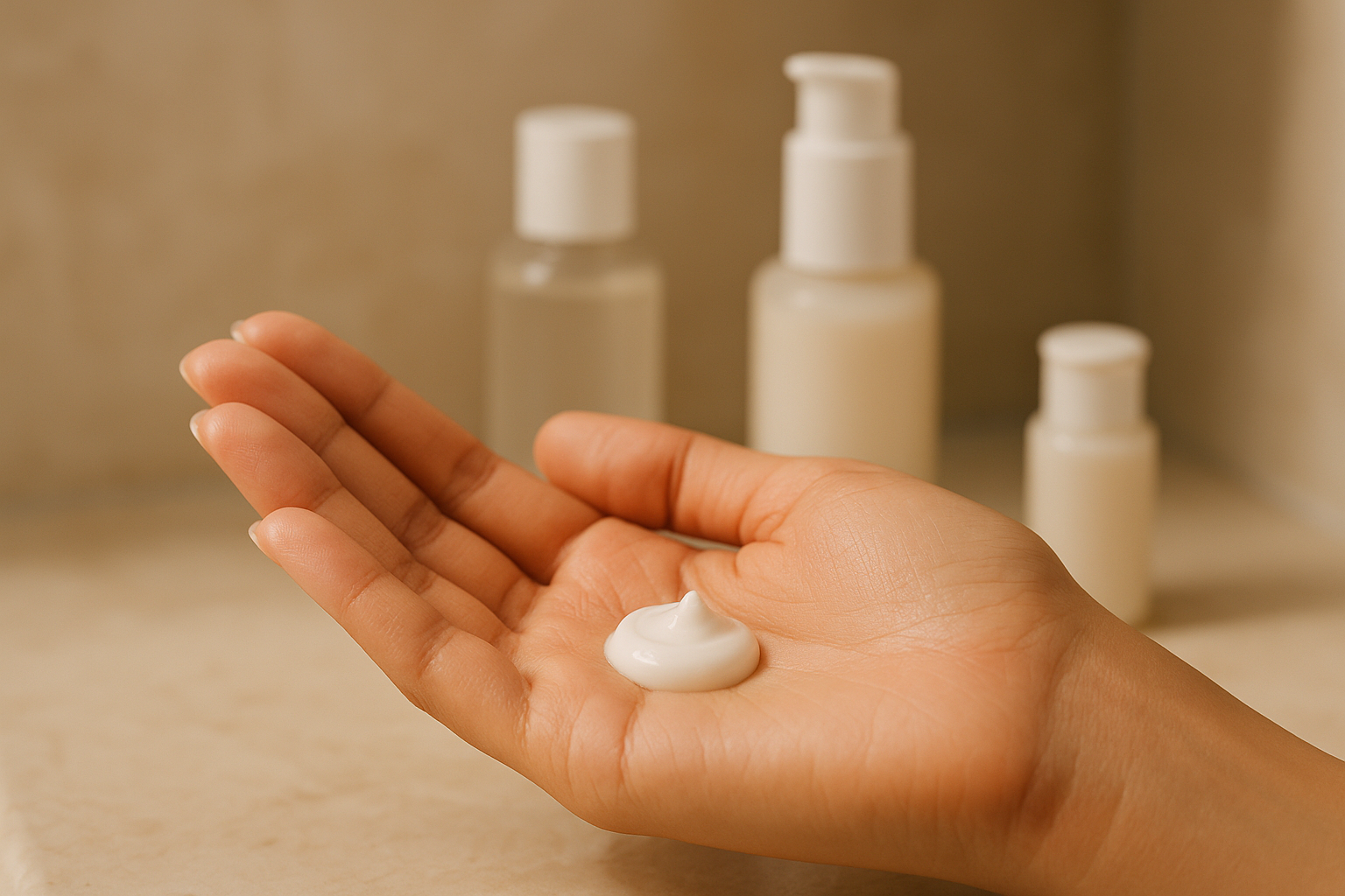 Texture-focused shot of a creamy moisturizer on fingertips with a blurred background of skincare bottles