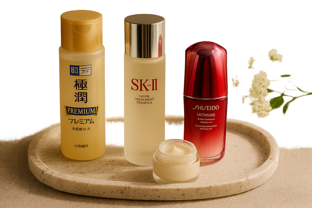 Elegant flat lay of three luxury Japanese skincare products on a minimalist textured stone surface with soft natural light