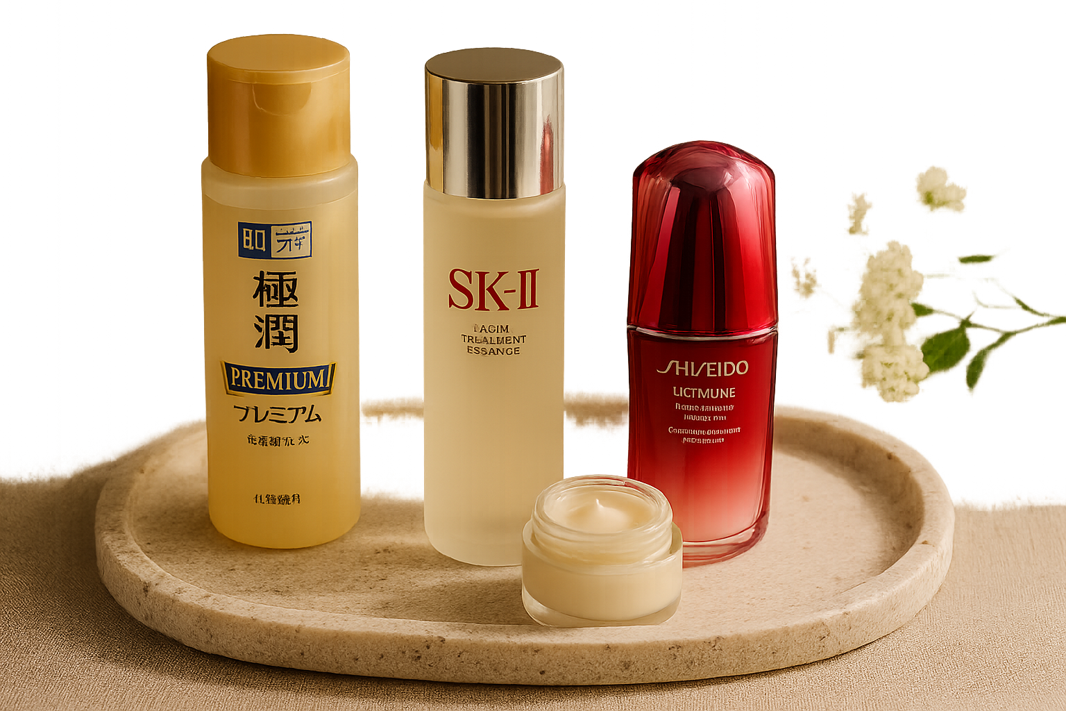 Elegant flat lay of three luxury Japanese skincare products on a minimalist textured stone surface with soft natural light