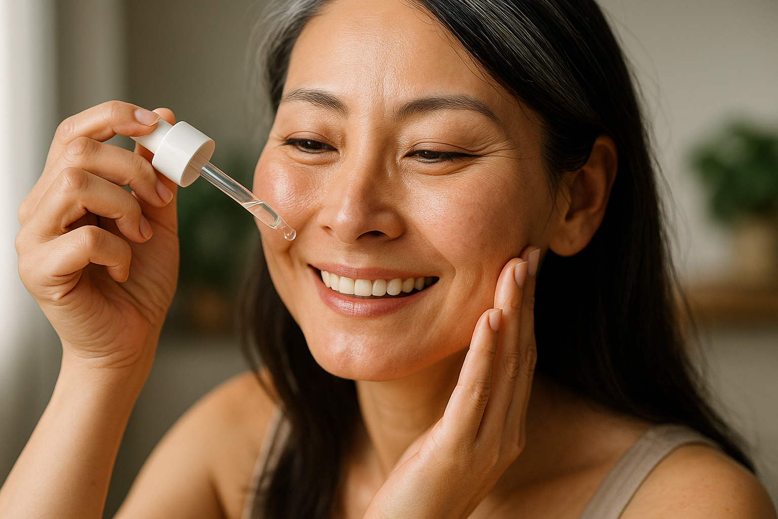Close-up of a woman with radiant skin applying light serum onto her cheek with fingertips