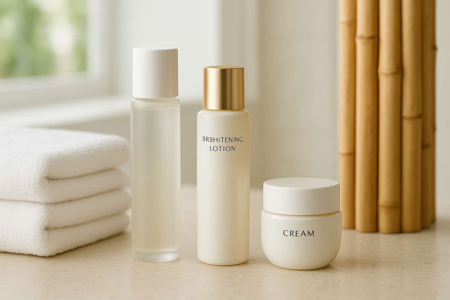 Three skincare bottles with differing textures placed beside soft white towels and bamboo elements in a serene bathroom