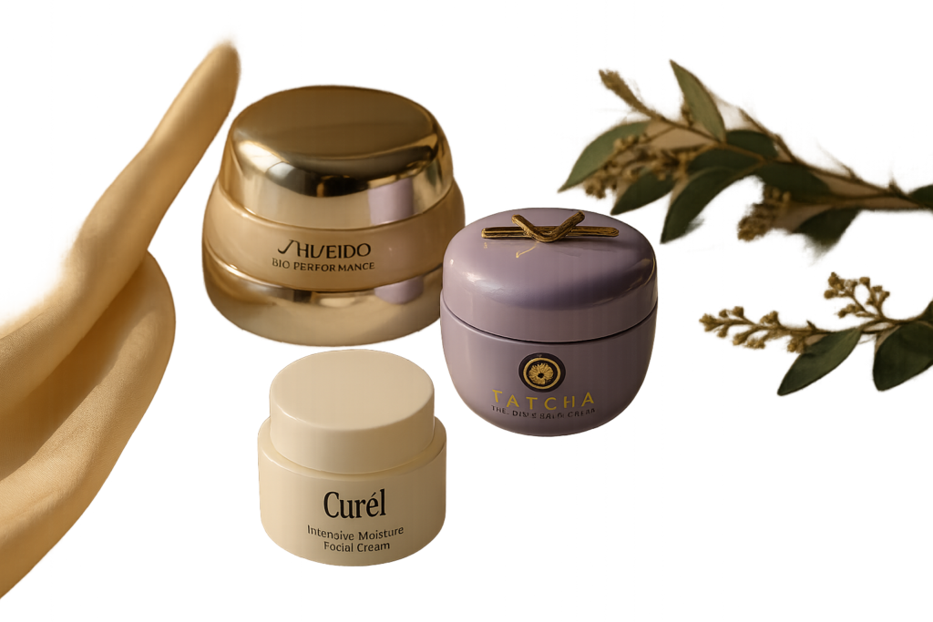 Luxury skincare cream jars and soft textures on a marble surface with gentle natural light