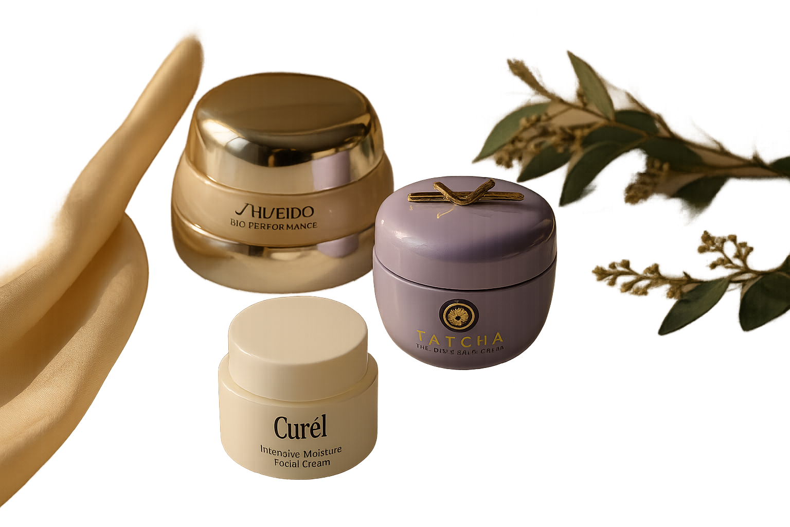 Luxury skincare cream jars and soft textures on a marble surface with gentle natural light