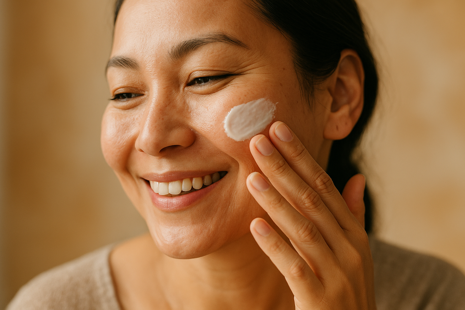 Close-up of a woman’s hand applying creamy moisturizer to her cheek, showing texture and detail