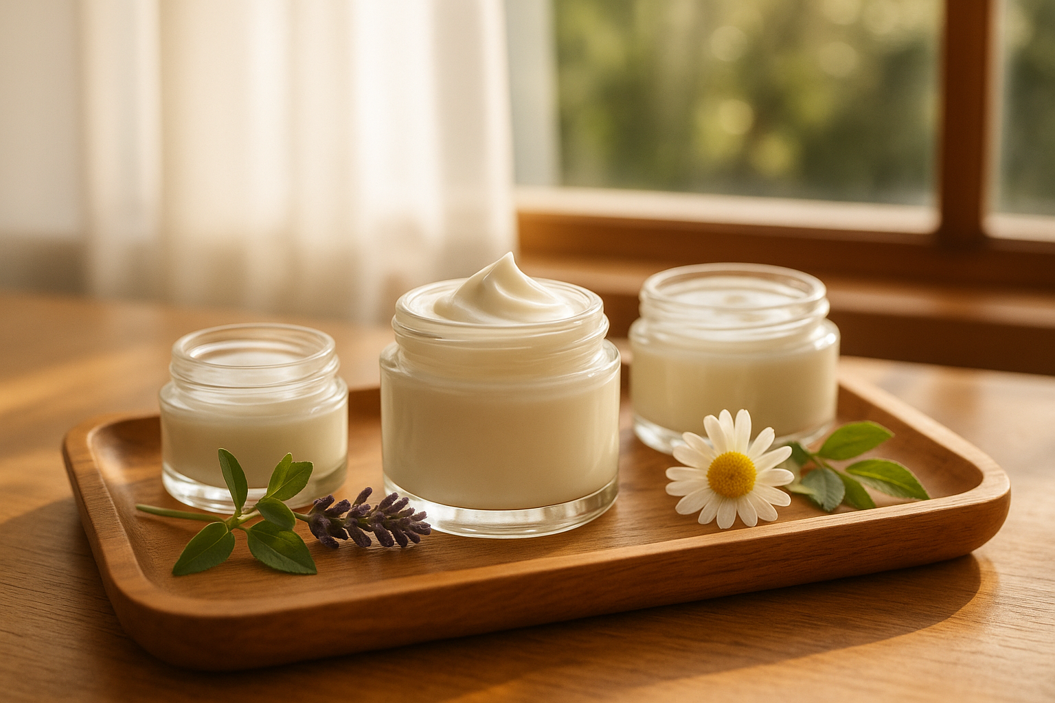 Skincare cream containers and ingredient elements displayed on a smooth wooden tray by a sunny window