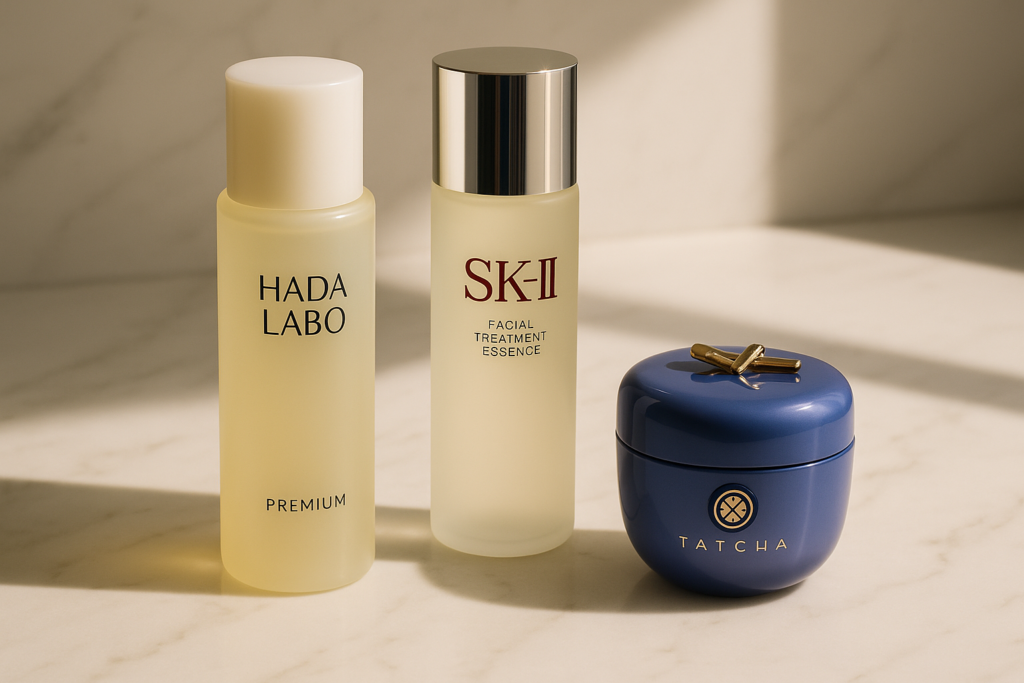 Luxury skincare oils and serum arranged elegantly on a marble surface with gentle morning light