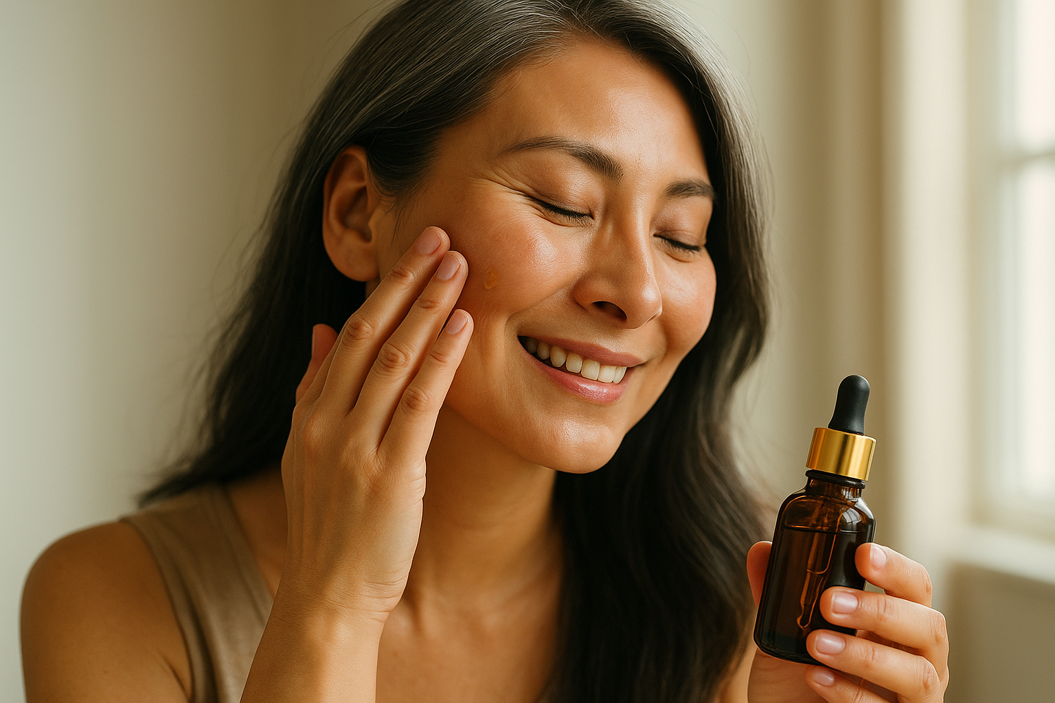 Close-up of a woman with glowing skin applying facial oil in daylight