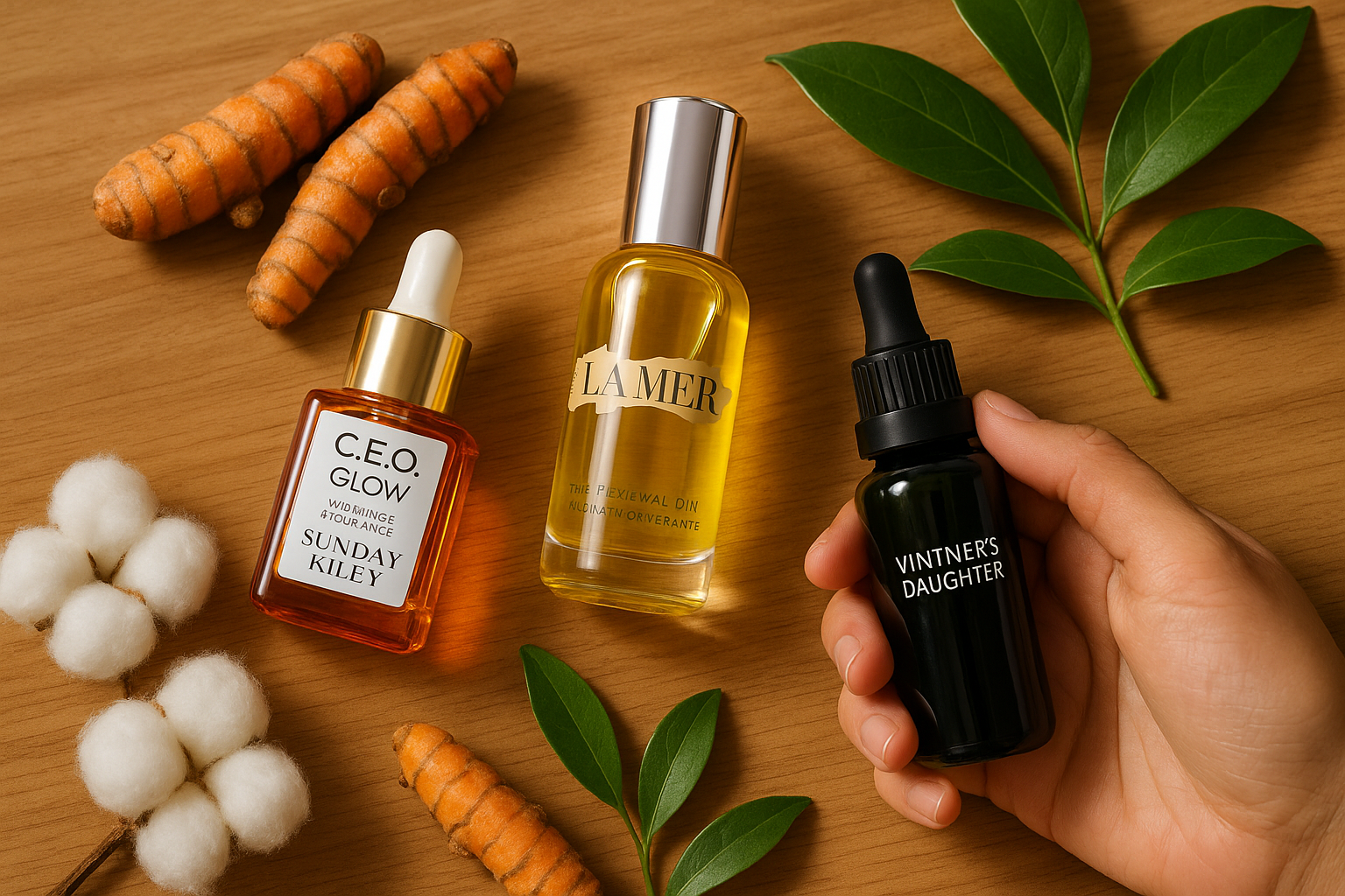 Top-down flat lay of skincare products with botanical ingredients on a wooden vanity