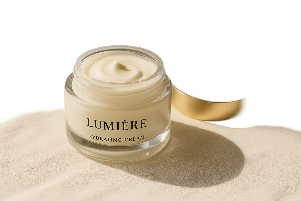 Luxurious glass jar of Lumière Hydrating Cream with soft cream texture, surrounded by natural light and simple decor
