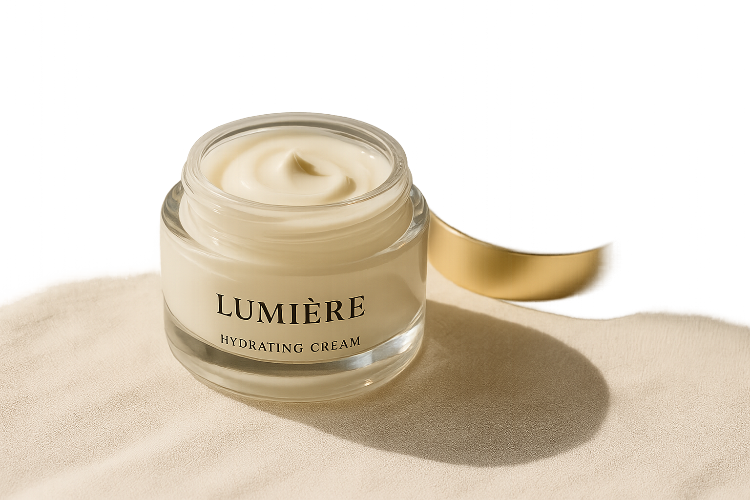 Luxurious glass jar of Lumière Hydrating Cream with soft cream texture, surrounded by natural light and simple decor