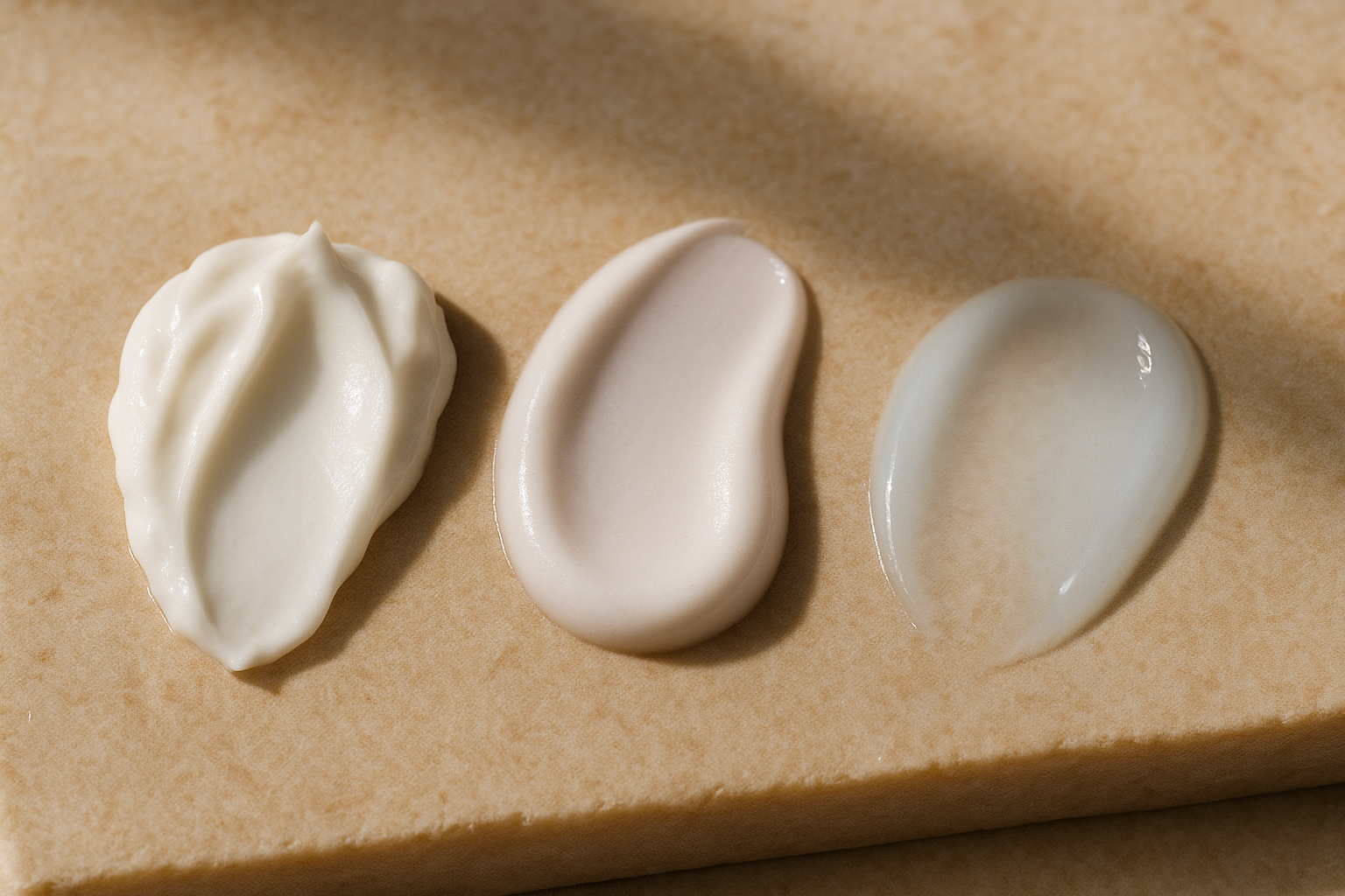 Close-up of different moisturizer textures on a neutral surface with focus on cream, gel-cream, and rich moisturizer