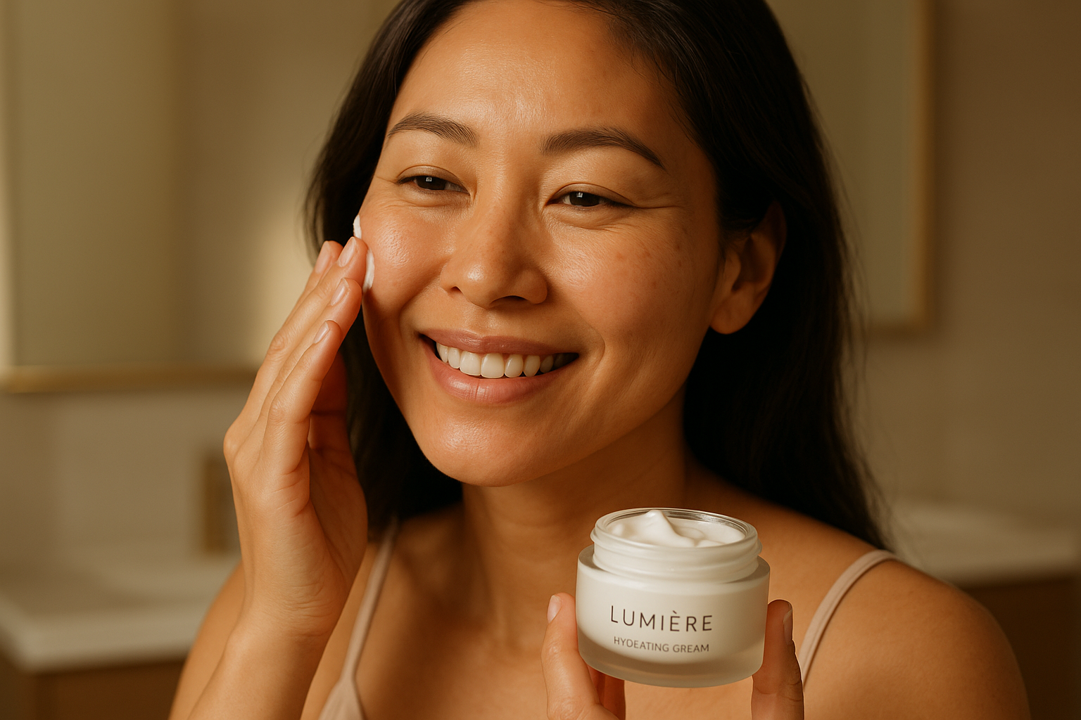 Woman with radiant complexion applying moisturizing cream in soft morning light by vanity mirror