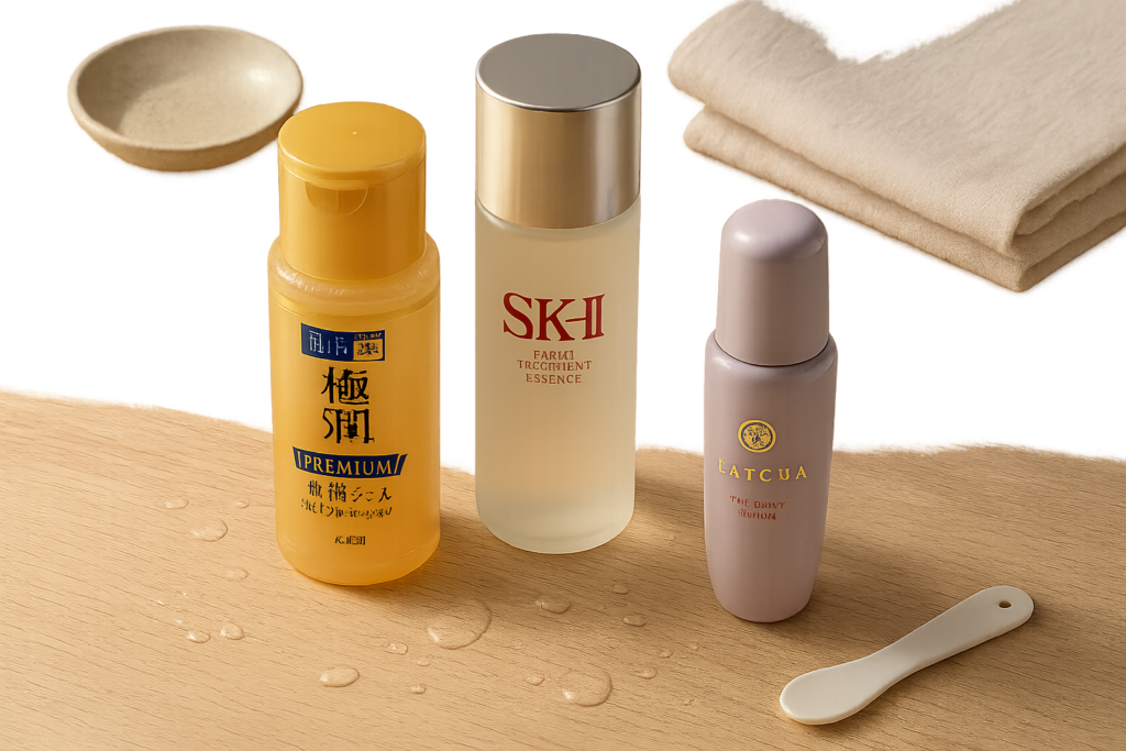Elegant flat lay of Japanese essence serums, including Hada Labo bottle, on a light wooden surface with soft natural light